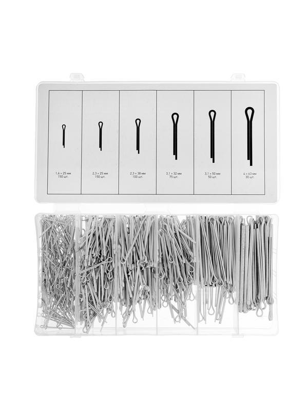 Набор шплинтов, S головки х L: 1.6 х 25.2, 3 х 25.2, 3 х 38, 3, 1 х 32, 3, 1 х 50.4 х 63 мм, 555 предметов Сибртех