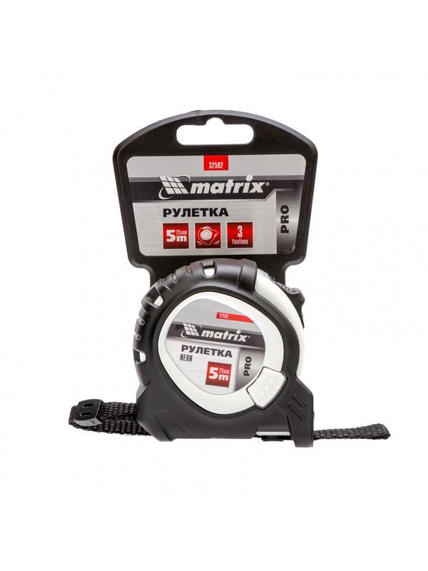 Рулетка Neon,5 м x 25 мм,обрезиненный корпус,3 фиксации,Pro Matrix