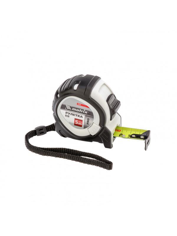 Рулетка Neon,5 м x 25 мм,обрезиненный корпус,3 фиксации,Pro Matrix