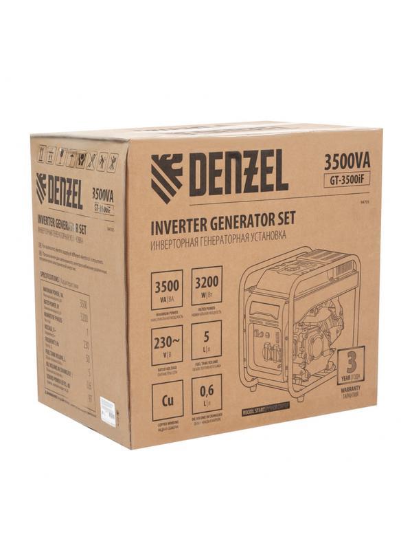 Генератор инверторный GT-3500iF, 3.5 кВт, 230 В, бак 5 л, открытый корпус, ручной старт Denzel