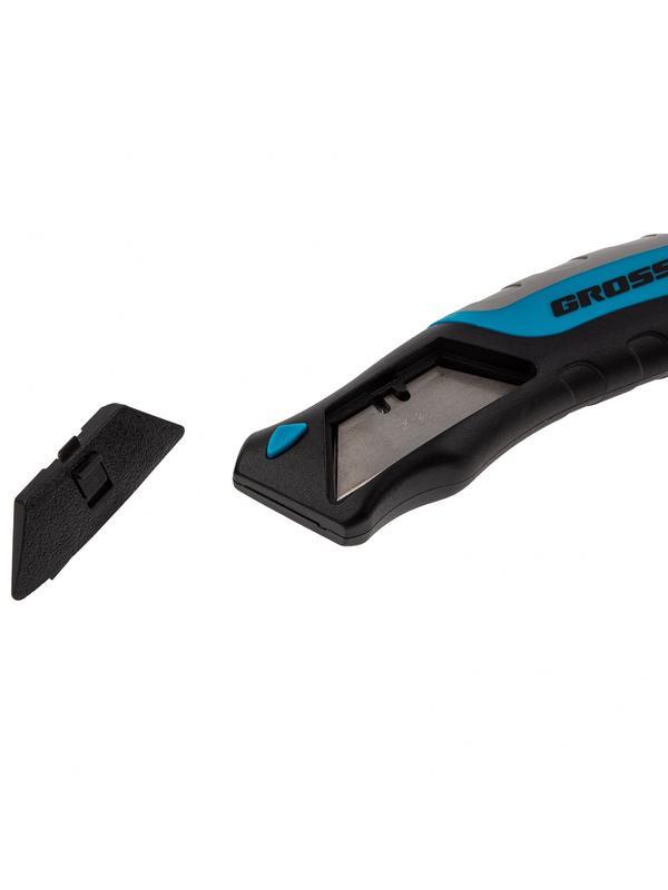 Нож ремонтно-монтажный, трехкомпонентная рукоятка, кнопочный автовыброс, возврат лезвия, 175 мм, 5 запасных лезвий Gross