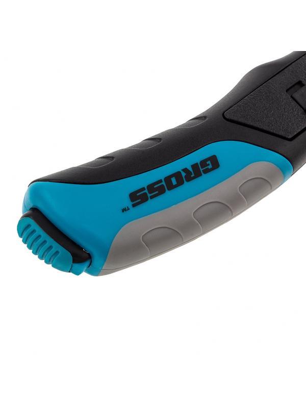 Нож ремонтно-монтажный, трехкомпонентная рукоятка, кнопочный автовыброс, возврат лезвия, 175 мм, 5 запасных лезвий Gross