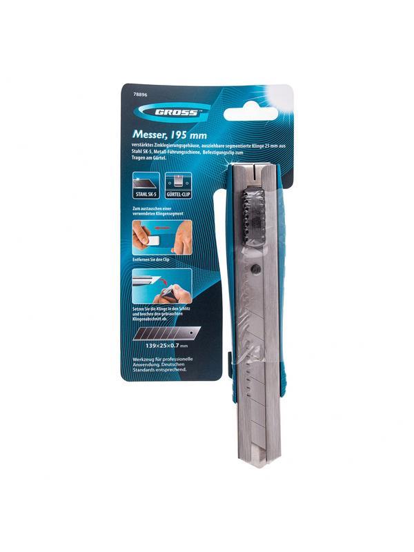 Нож, 195 мм, металлический корпус, выдвижное сегментное лезвие 25 мм (SK-5), металлическая направляющая, клипса для ремня Gross