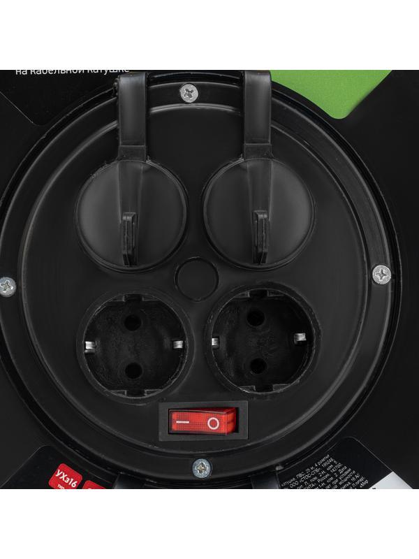 Удлинитель силовой на кабельной катушке, ПВС, 25 м, 4 розетки с крышкой, IP44, 16А, УХз16, Россия Сибртех