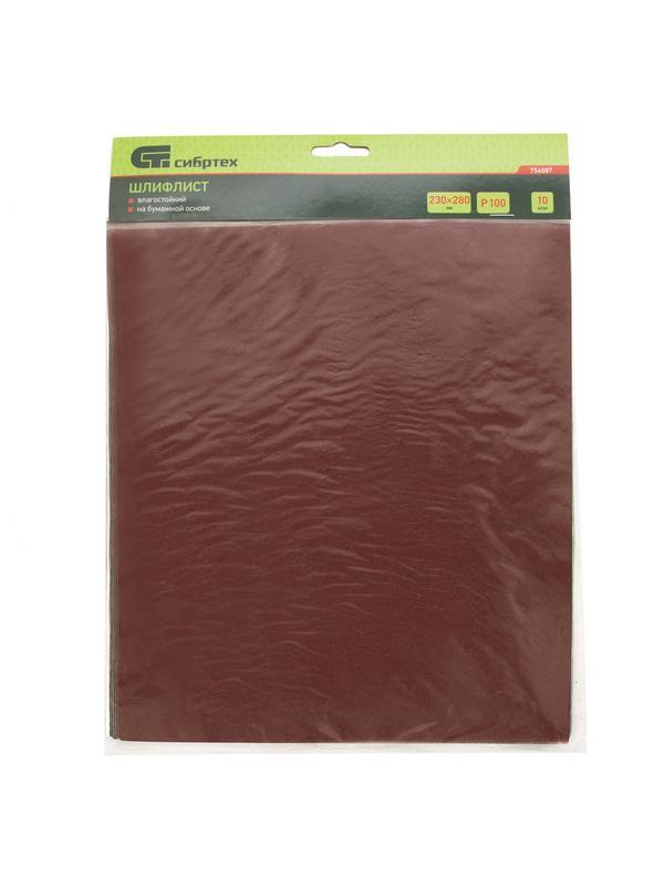 Шлифлист на бумажной основе, P 100, 230 х 280 мм, 10 шт, влагостойкий Сибртех