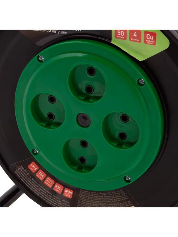 Удлинитель силовой 50 м, 16А, тип УХ10, ПВС, усиленный, на кабельной катушке, 4 розетки без заземления Сибртех