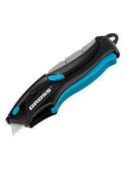 Нож ремонтно-монтажный мини, трехкомпонентная рукоятка, авто выброс, возврат лезвия, 100 мм, 2 запасных лезвия Gross