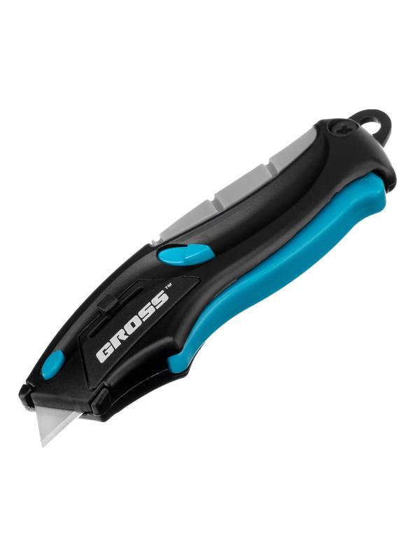 Нож ремонтно-монтажный мини, трехкомпонентная рукоятка, авто выброс, возврат лезвия, 100 мм, 2 запасных лезвия Gross