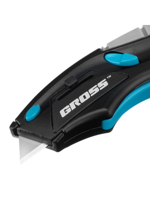 Нож ремонтно-монтажный мини, трехкомпонентная рукоятка, авто выброс, возврат лезвия, 100 мм, 2 запасных лезвия Gross