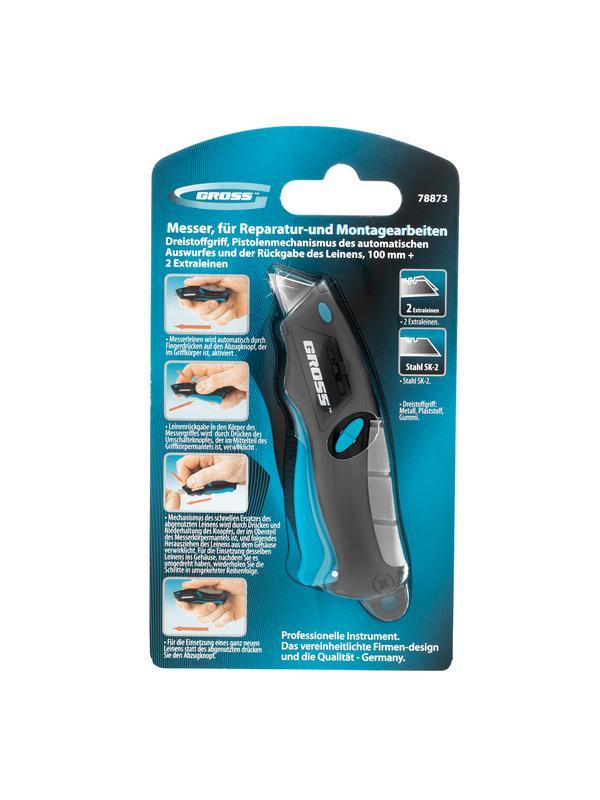 Нож ремонтно-монтажный мини, трехкомпонентная рукоятка, авто выброс, возврат лезвия, 100 мм, 2 запасных лезвия Gross