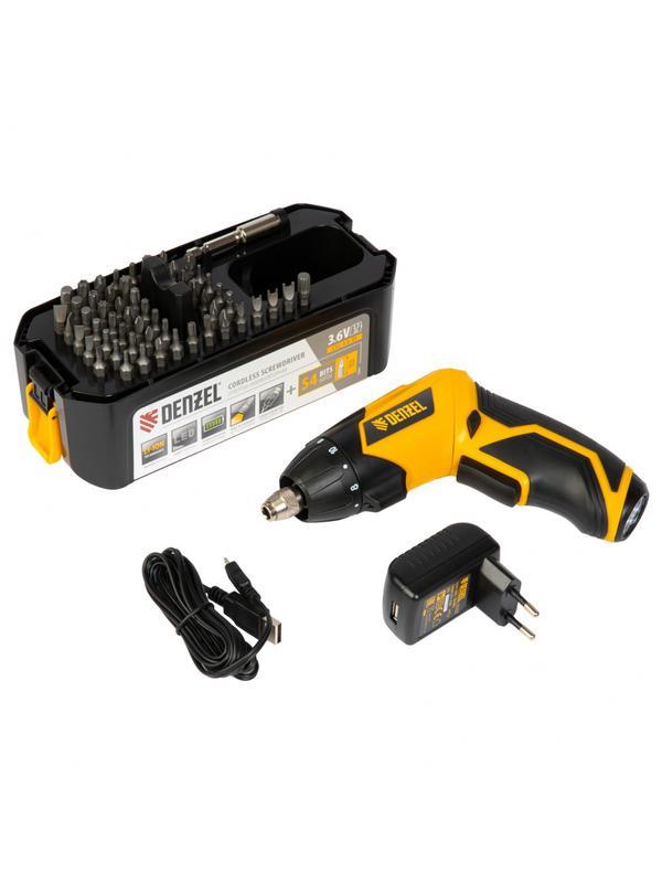 Отвертка аккумуляторная CSL-3.6-01, Li-Ion, 3.6 В, 1.3 А*ч, 200 об/мин, с аксессуарами Denzel