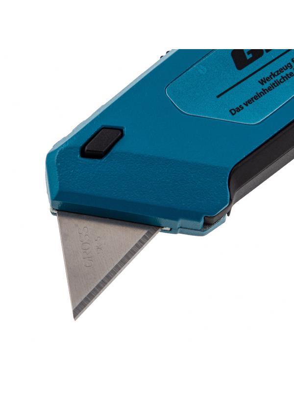 Нож, 130 мм, алюминиевый корпус, выдвижное трапециевидное лезвие 18 мм (SK-5), клипса для ремня, 4 лезвия Gross