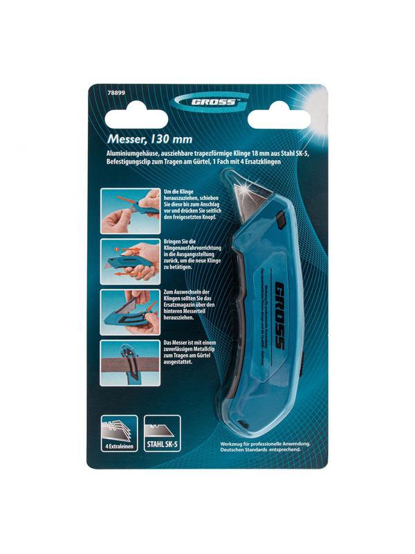 Нож, 130 мм, алюминиевый корпус, выдвижное трапециевидное лезвие 18 мм (SK-5), клипса для ремня, 4 лезвия Gross