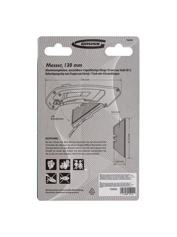Нож, 130 мм, алюминиевый корпус, выдвижное трапециевидное лезвие 18 мм (SK-5), клипса для ремня, 4 лезвия Gross