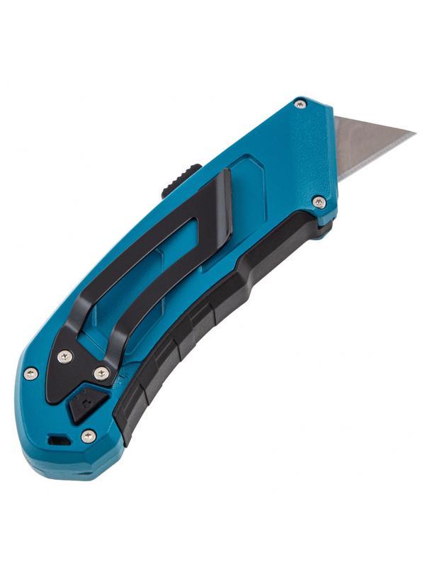 Нож, 130 мм, алюминиевый корпус, выдвижное трапециевидное лезвие 18 мм (SK-5), клипса для ремня, 4 лезвия Gross