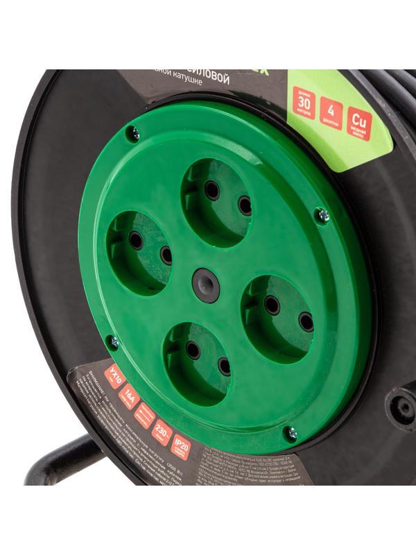 Удлинитель силовой 30 м, 16А, тип УХ10, ПВС, усиленный, на кабельной катушке, 4 розетки без заземления Сибртех