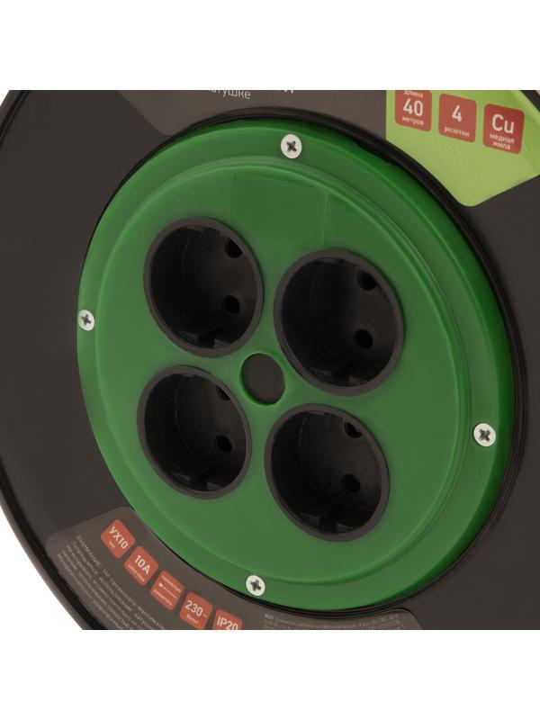 Удлинитель силовой 40 м, 10А, тип УХ10, ПВС, на кабельной катушке, 4 розетки без заземления Сибртех