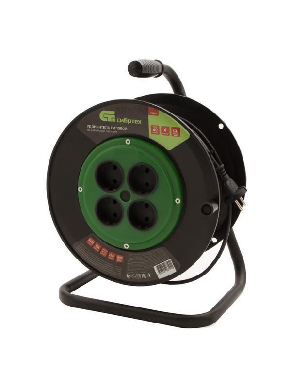 Удлинитель силовой 40 м, 10А, тип УХ10, ПВС, на кабельной катушке, 4 розетки без заземления Сибртех
