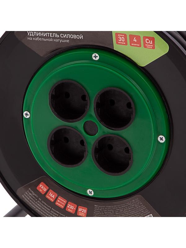 Удлинитель силовой 30 м, 16А, тип УХ10, ПВС, на кабельной катушке, 4 розетки без заземления Сибртех