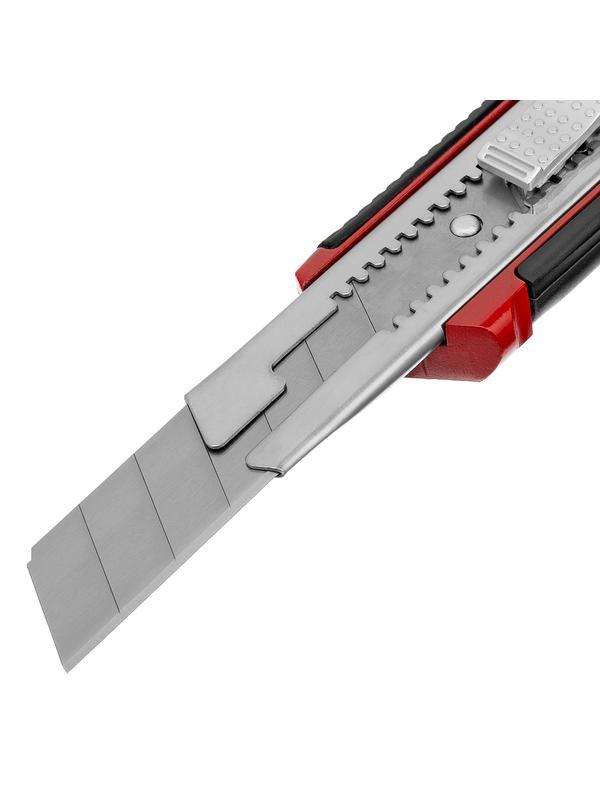 Нож, 25 мм, выдвижное лезвие, усиленная металлическая направляющая, металлическая обрезиненная рукоятка Matrix