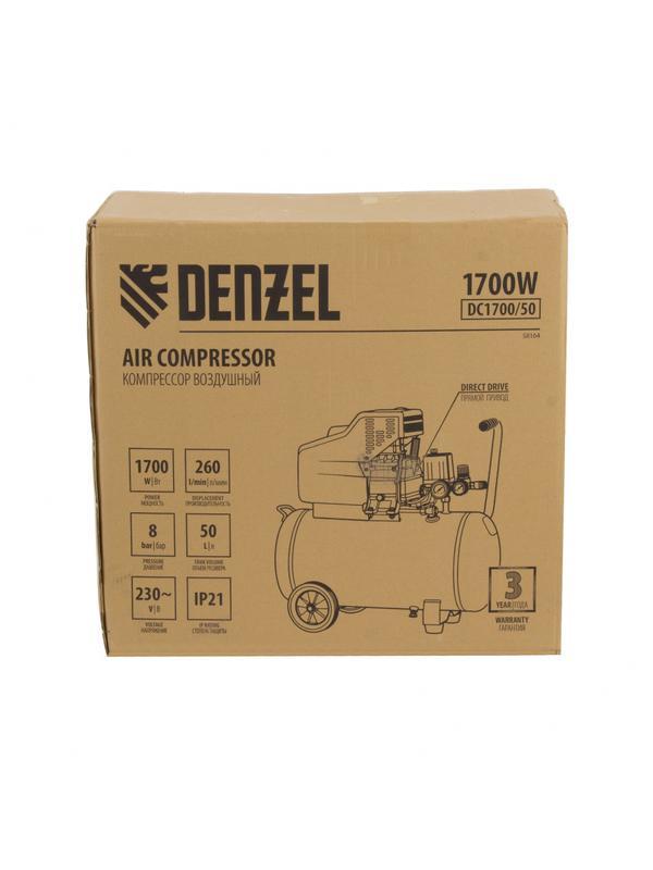 Компрессор воздушный прямой привод DC1700/50, 1.7 кВт, 50 литров, 260 л/мин Denzel