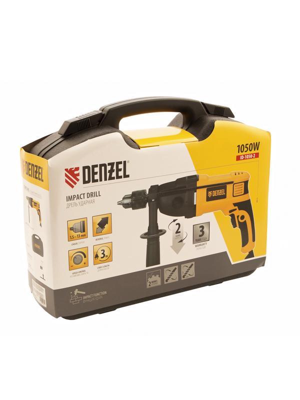 Дрель ударная ID-1050-2, 1050 Вт, 0-3000/0-1100 об/мин, 0-48000/0-17600 уд/мин, 2 скорости Denzel