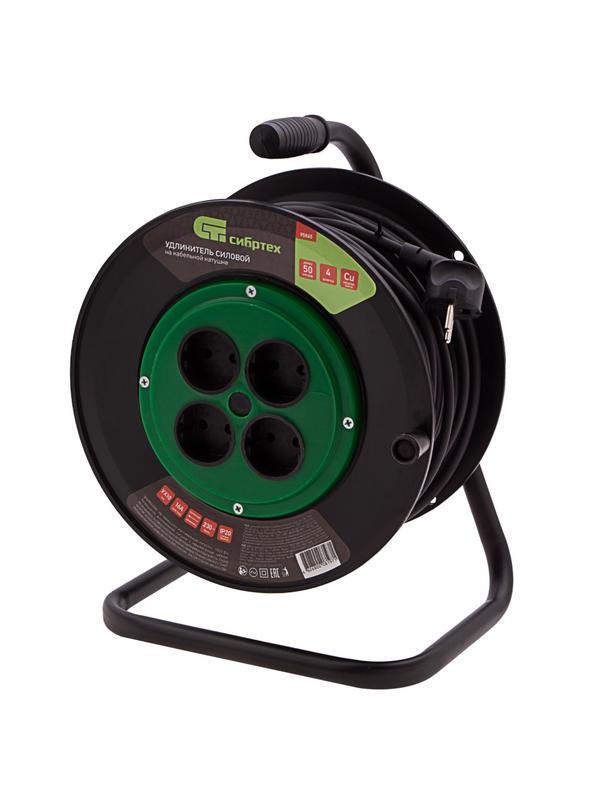 Удлинитель силовой 50 м, 16А, тип УХ10, ПВС, на кабельной катушке, 4 розетки без заземления Сибртех