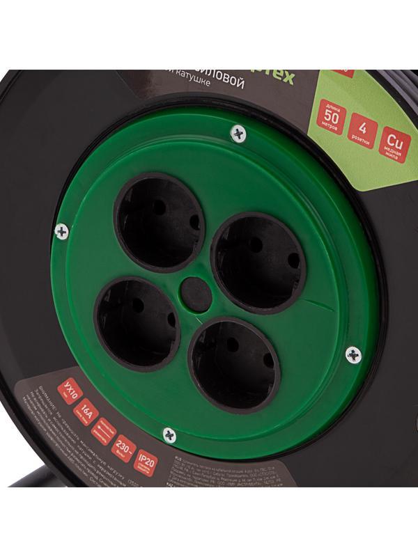 Удлинитель силовой 50 м, 16А, тип УХ10, ПВС, на кабельной катушке, 4 розетки без заземления Сибртех
