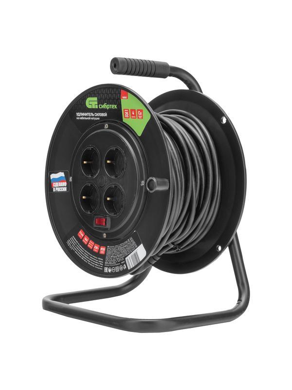 Удлинитель силовой 25 м, 16А, тип УХз16, ПВС, на кабельной катушке, 4 розетки, Россия Сибртех