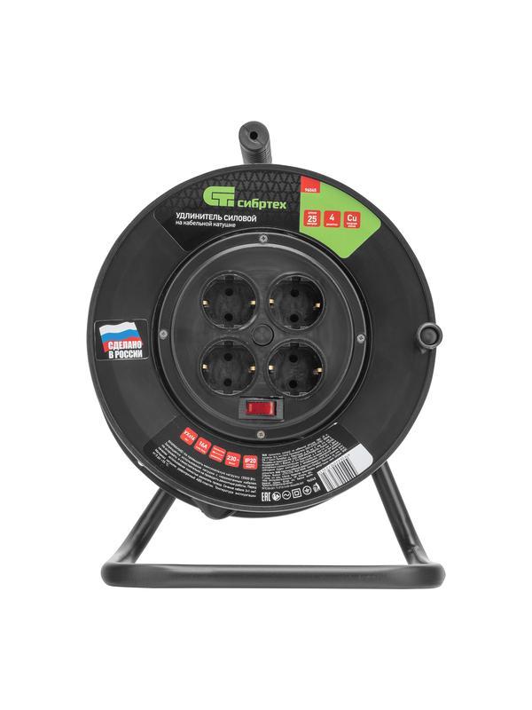 Удлинитель силовой 25 м, 16А, тип УХз16, ПВС, на кабельной катушке, 4 розетки, Россия Сибртех