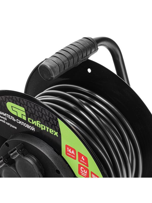 Удлинитель силовой 20 м, 16А, тип УХз16, КГ 3 x 2.5 мм, на стальной катушке, 4 розетки Сибртех