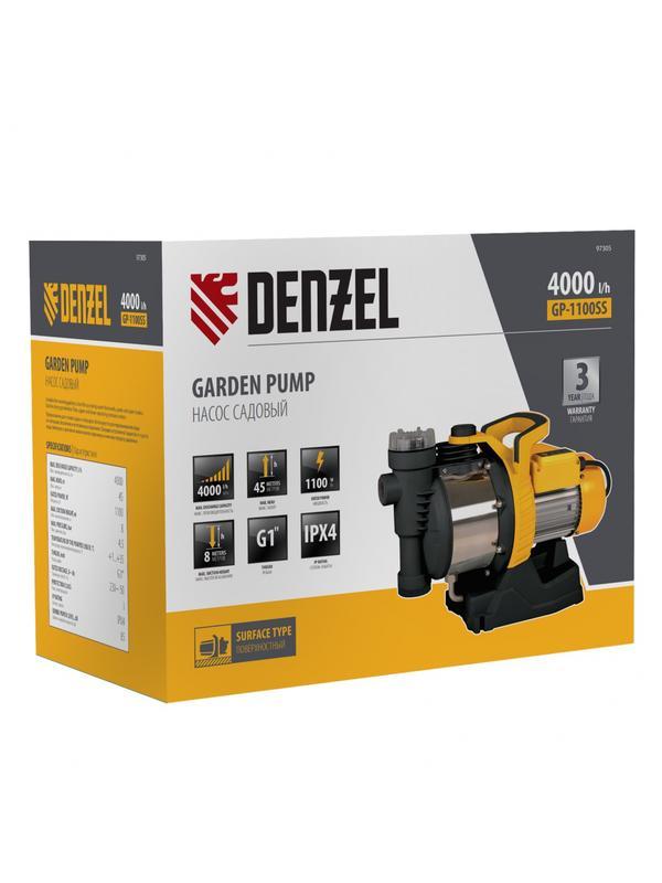 Садовый поверхностный насос GP1100SS, 1100 Вт, 4000 л/ч, подъем 45 м, пластик Denzel