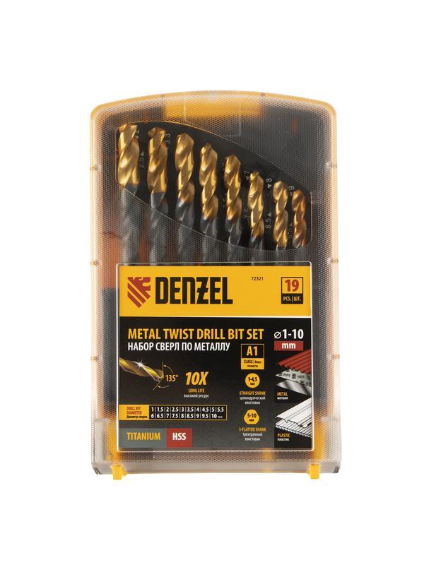 Набор сверл по металлу, 1-10 мм, HSS-Tin, Golden Tip, 19 шт Denzel