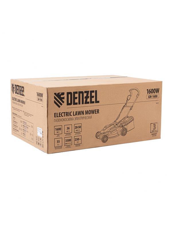 Газонокосилка электрическая GM-1600, 1600 Вт, ширина 36 см, 3 уровя, травосборник 35 л. Denzel