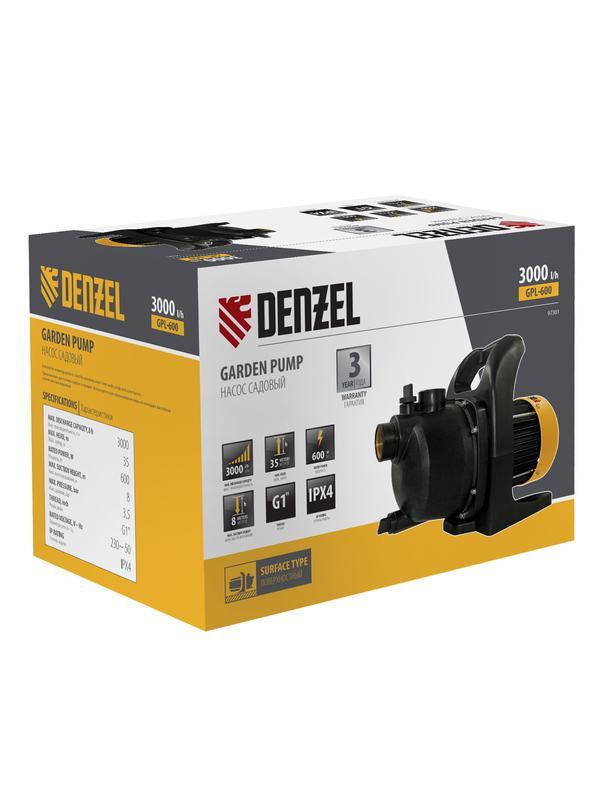 Садовый поверхностный насос GPL600, 600 Вт, 3000 л/ч, подъем 35 м, пластик Denzel
