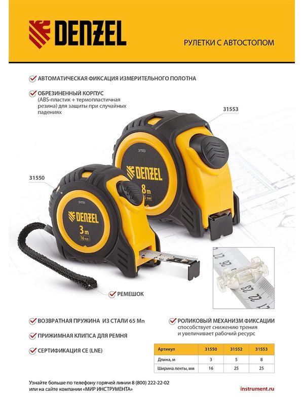 Рулетка 8м х 25мм, обрезиненный корпус, автоматическая фиксация Denzel