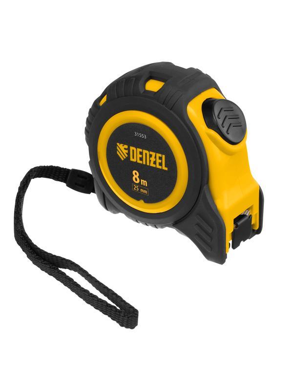 Рулетка 8м х 25мм, обрезиненный корпус, автоматическая фиксация Denzel