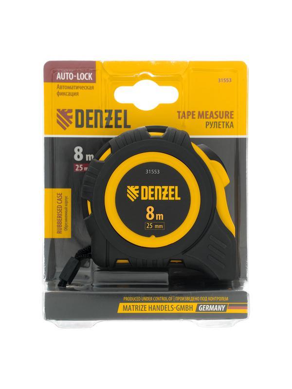 Рулетка 8м х 25мм, обрезиненный корпус, автоматическая фиксация Denzel