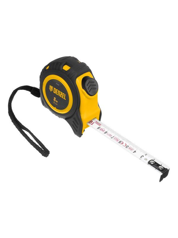 Рулетка 8м х 25мм, обрезиненный корпус, автоматическая фиксация Denzel