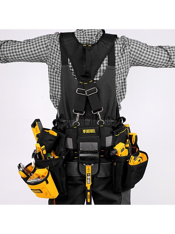 Пояс монтажника усиленный, с лямками, сумки поясные, держатель для молотка// Denzel