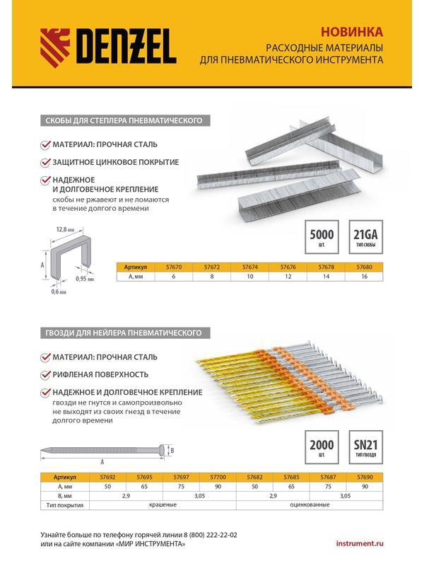 Гвозди для пнев. нейлера (крашен.), длина - 75 мм, диам. - 3,05 мм, 2000 шт. Denzel