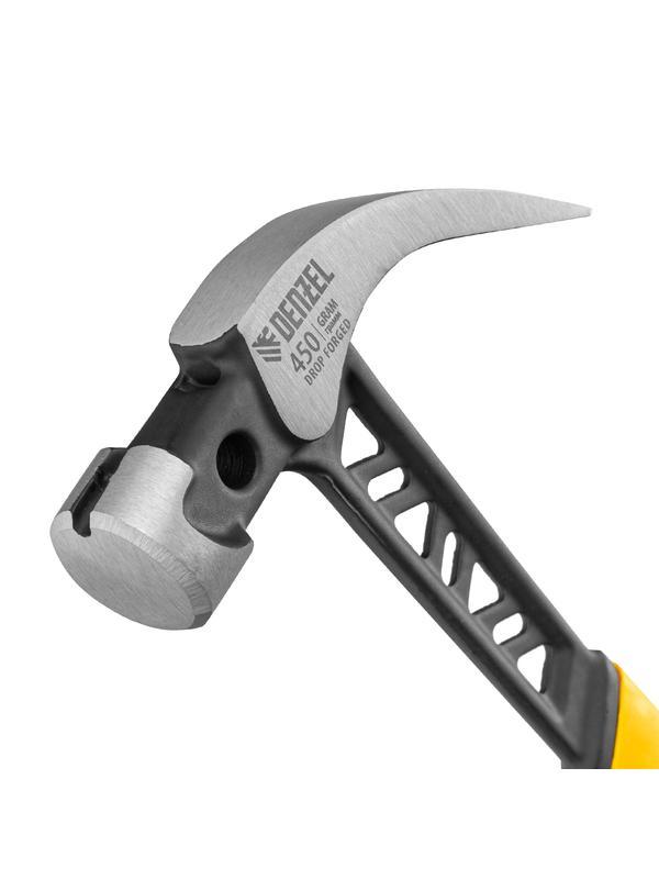 Молоток-гвоздодёр 450 г, цельнокованый,боек с магнитом, двухкомп. обрезин. рук-ка Denzel