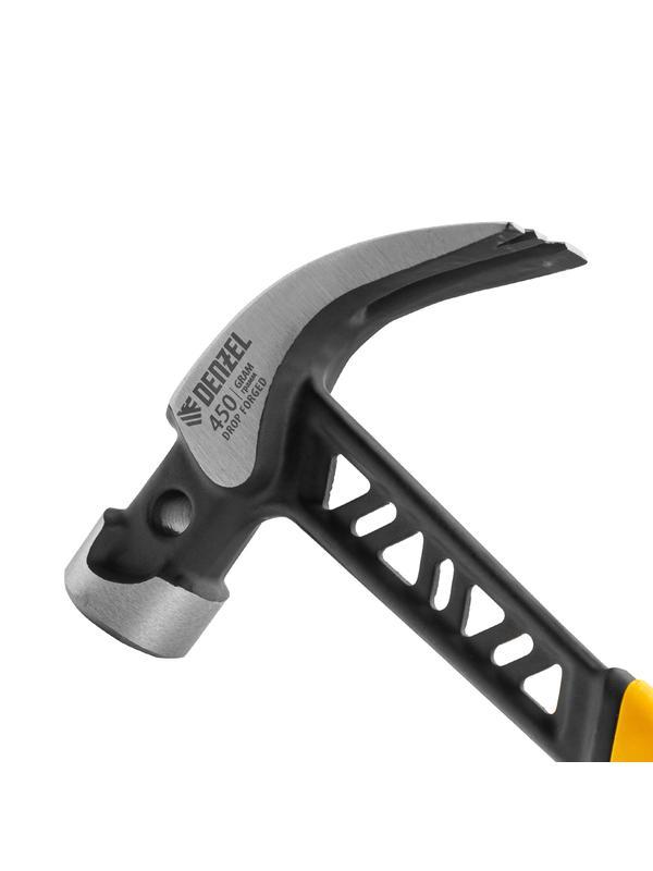 Молоток-гвоздодёр 450 г, цельнокованый,боек с магнитом, двухкомп. обрезин. рук-ка Denzel