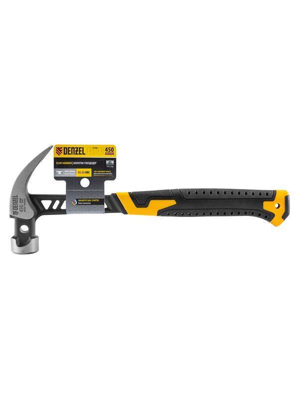 Молоток-гвоздодёр 450 г, цельнокованый,боек с магнитом, двухкомп. обрезин. рук-ка Denzel