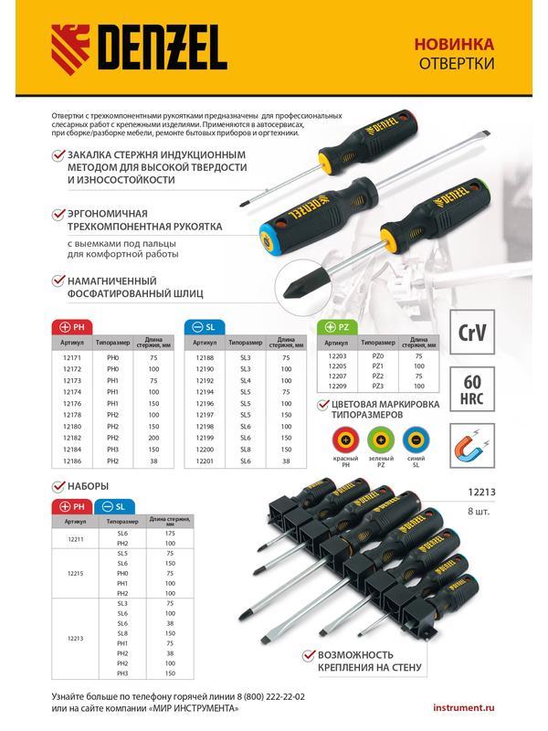 Отвертка SL3х75 мм, CrV, трехкомпонентная рукоятка Denzel