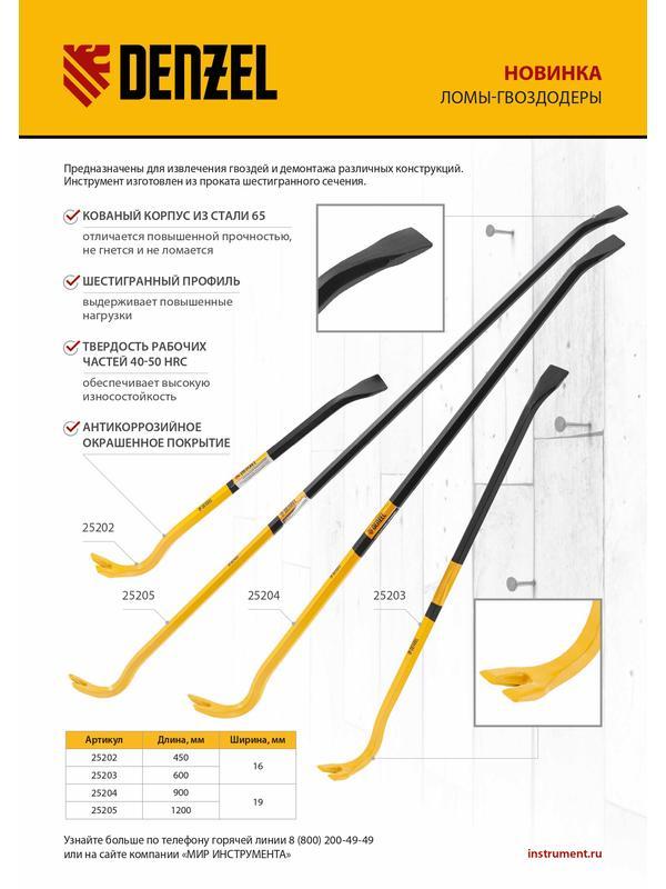 Лом-гвоздодер, 900 мм, шестигранный 19 мм, окрашенный, сталь 65// Denzel