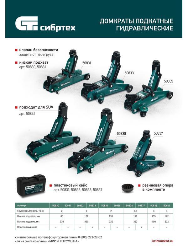 Домкрат гидравлический подкатной, 2 т, 127-330 мм, в пласт. кейсе Сибртех