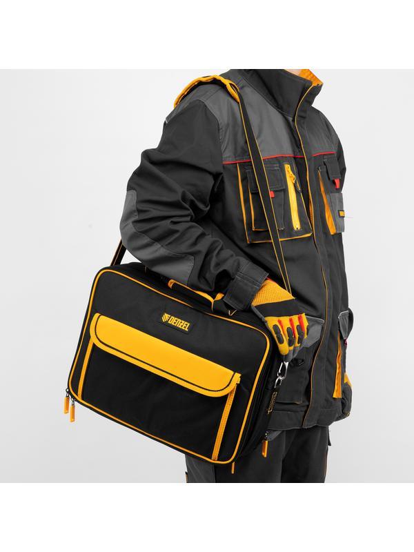 Сумка для инструмента, 400х170х300 мм, 3 отделения, 28 карманов, наплечный ремень// Denzel