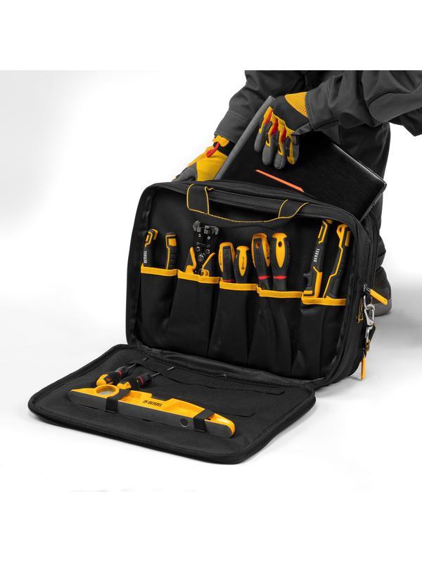Сумка для инструмента, 400х170х300 мм, 3 отделения, 28 карманов, наплечный ремень// Denzel