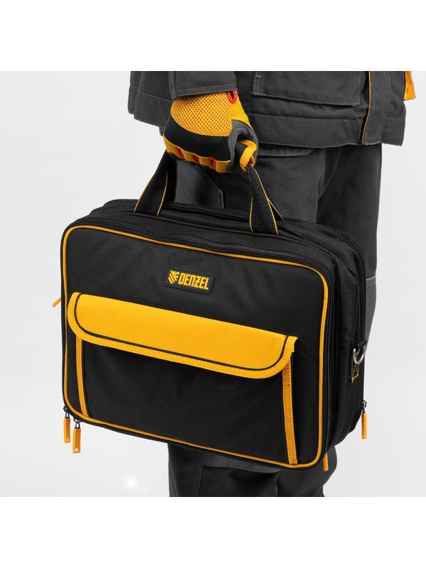 Сумка для инструмента, 400х170х300 мм, 3 отделения, 28 карманов, наплечный ремень// Denzel